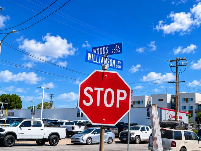Stop sign at Woods Ave and Williamson Ave, Fullerton